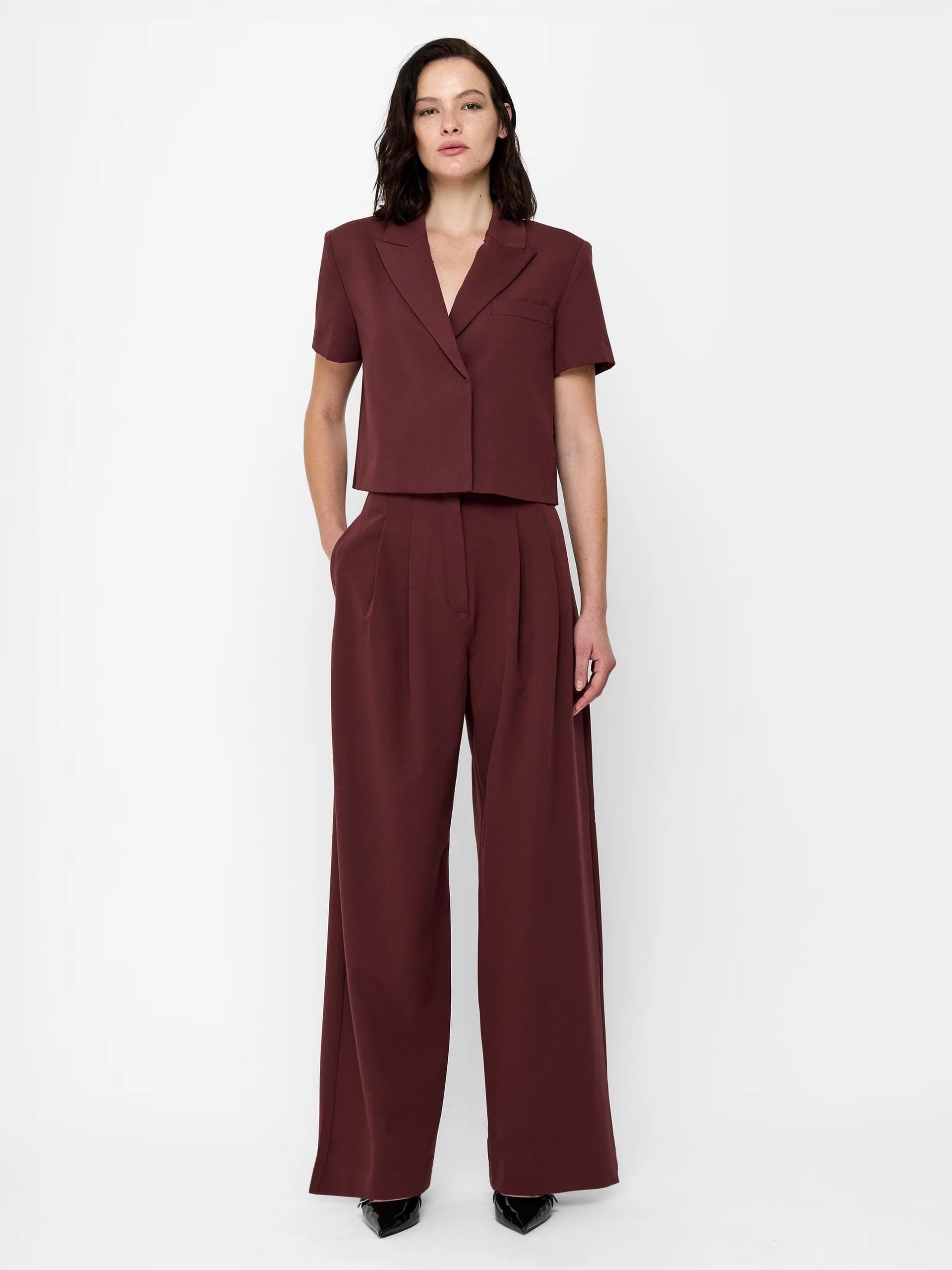French Connection Rena Burgundy Tailored Pleated Wide Leg Trousers Cherry Liqueur