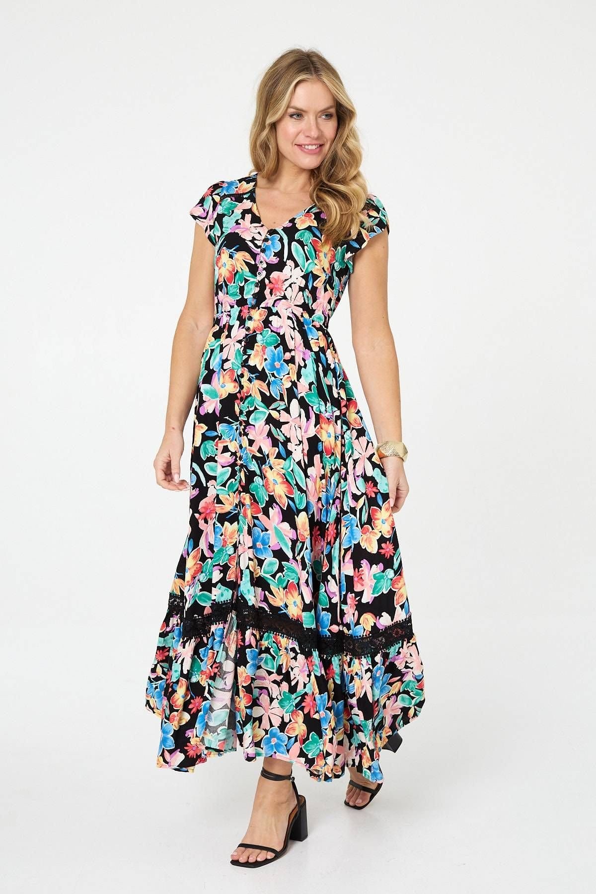 Izabel London Izabel London Women's Floral Lace Trim Cap Sleeve Maxi Dress in Black - 1