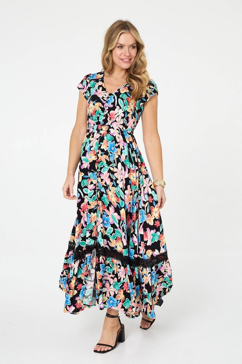 Izabel London Izabel London Women's Floral Lace Trim Cap Sleeve Maxi Dress in Black - 1