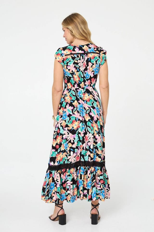 Izabel London Izabel London Women's Floral Lace Trim Cap Sleeve Maxi Dress in Black - 3