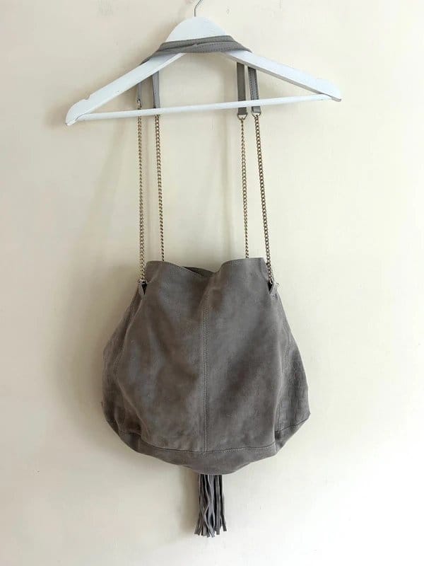 River Island 🖤 River Island Grey Leather Tassel Bucket Bag Gold Chain Strap Suede Slouch Boho Shoulder Bag 🖤 - 1