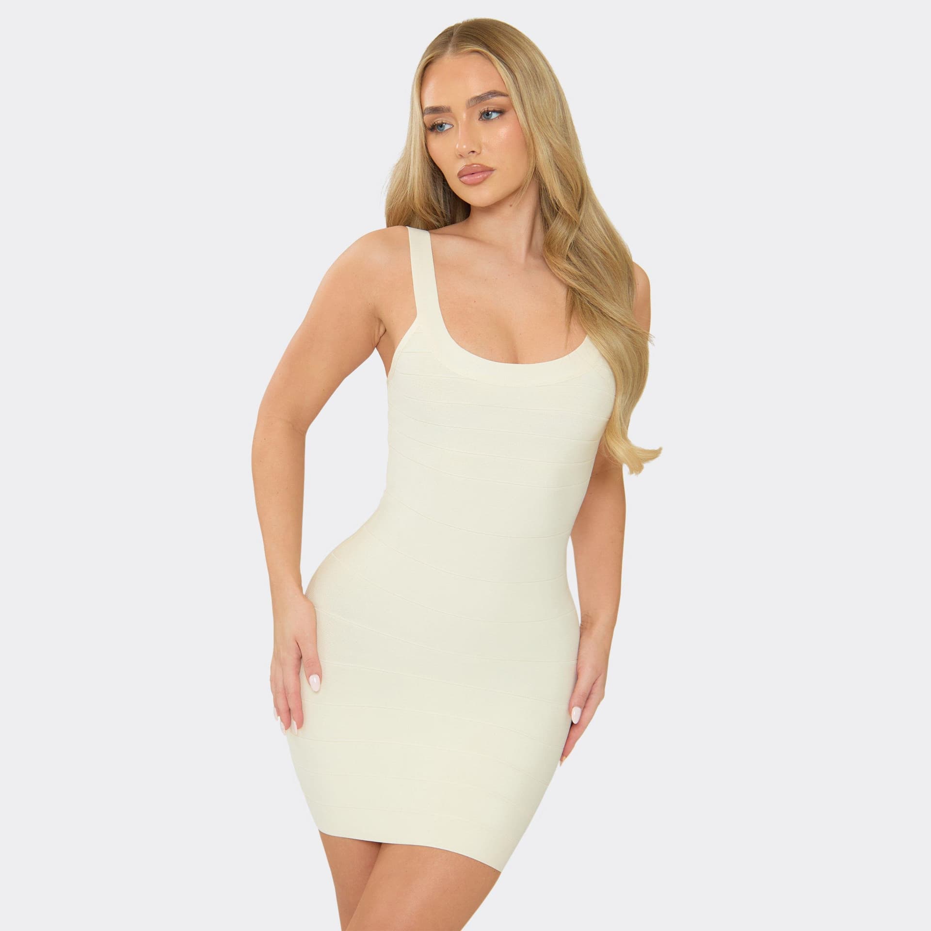 EGO EGO Cream Bandage Scoop Neck Mini Dress