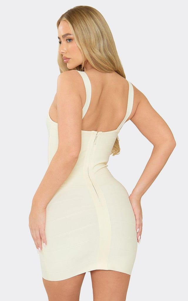 EGO Scoop Neck Mini Dress In Cream Bandage, Women's Size UK 6 - 2