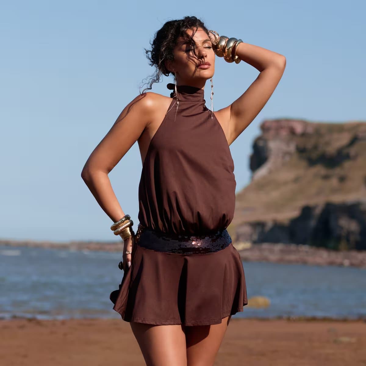 EGO Halterneck Sequin Panel Floaty Mini Dress In Chocolate Brown, Women's Size UK 6