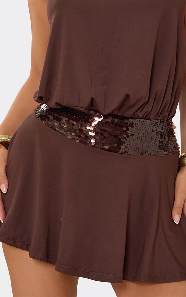EGO Halterneck Sequin Panel Floaty Mini Dress In Chocolate Brown, Women's Size UK 6 - 2