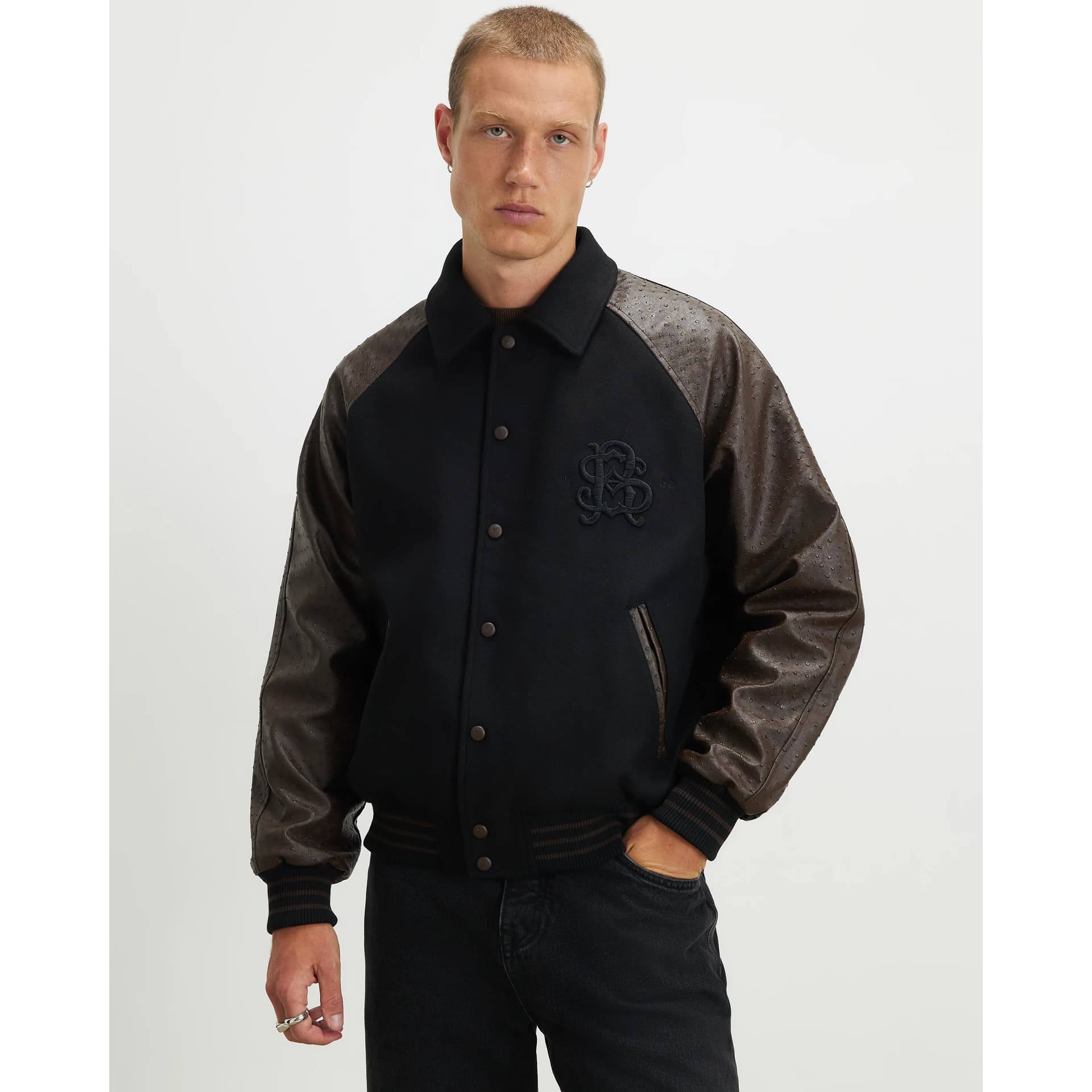 River Island Mens River Island Black Faux Leather Varsity Bomber Jacket