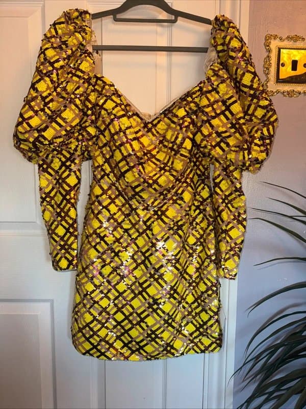 ASOS ASOS Luxe Sequin Puff Sleeve Mini Dress in Check Size 12 RRP £135