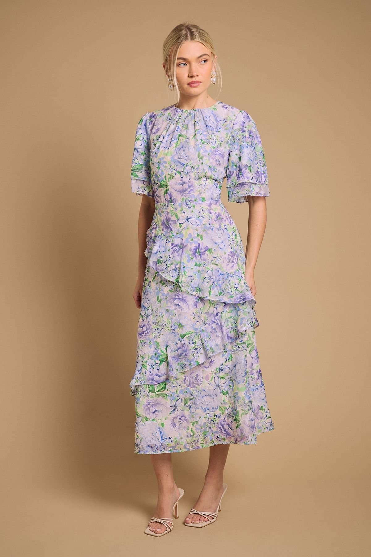 Oasis Oasis Women's Occasion Floral Asymmetric Ruffle Jacquard Midi Dress in Blue