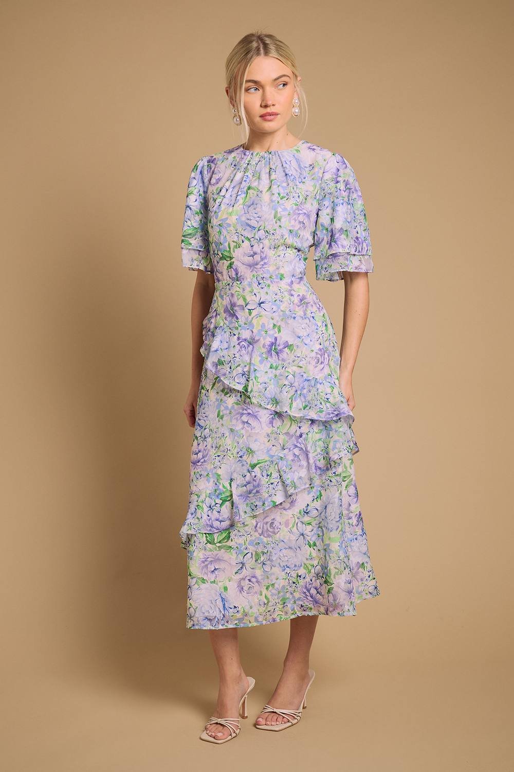 Oasis Oasis Women's Occasion Floral Asymmetric Ruffle Jacquard Midi Dress in Blue - 3