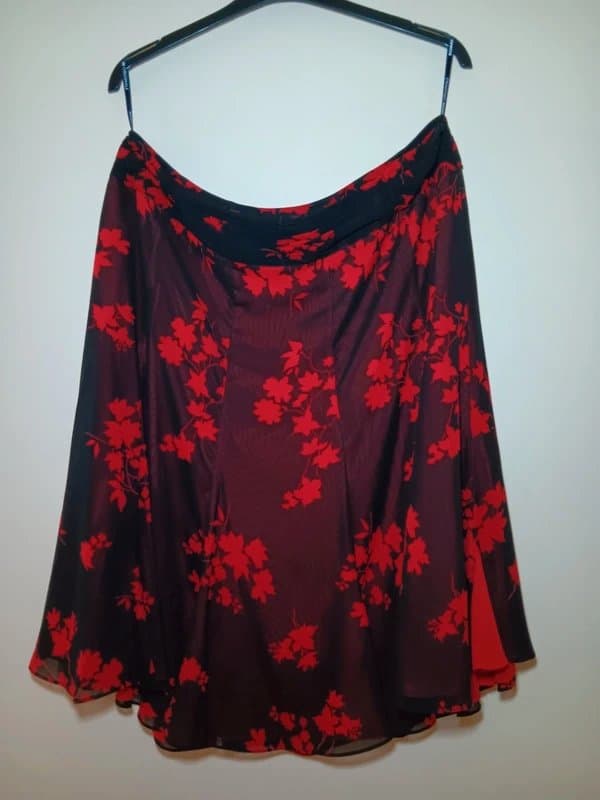 Roman Originals Black & Red Skirt Leaf Print Fully Lined Swish Flamenco Style Sheer Godet Panels Plus Size 22