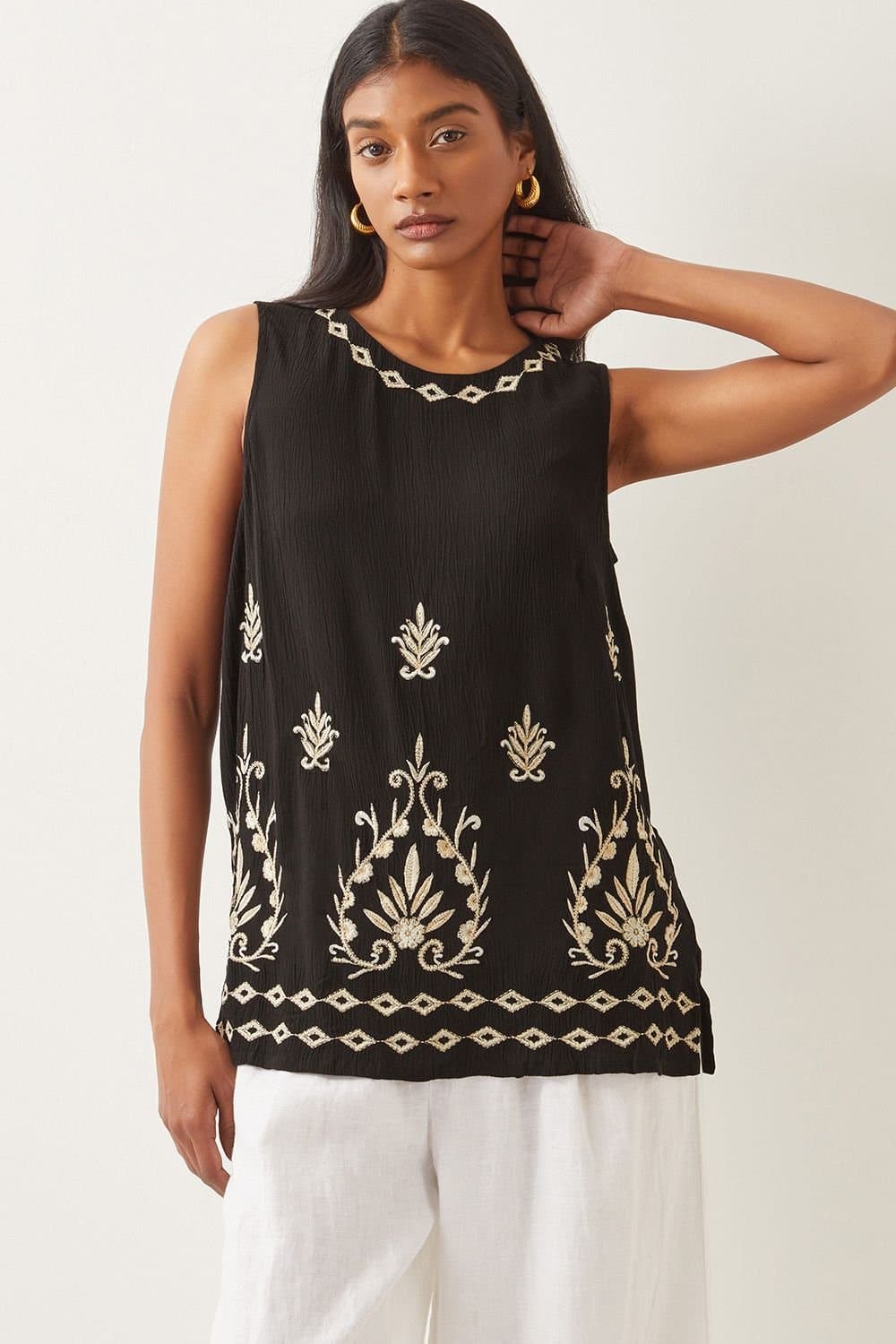 Monsoon Monsoon Black Linen Embroidered Tank Top