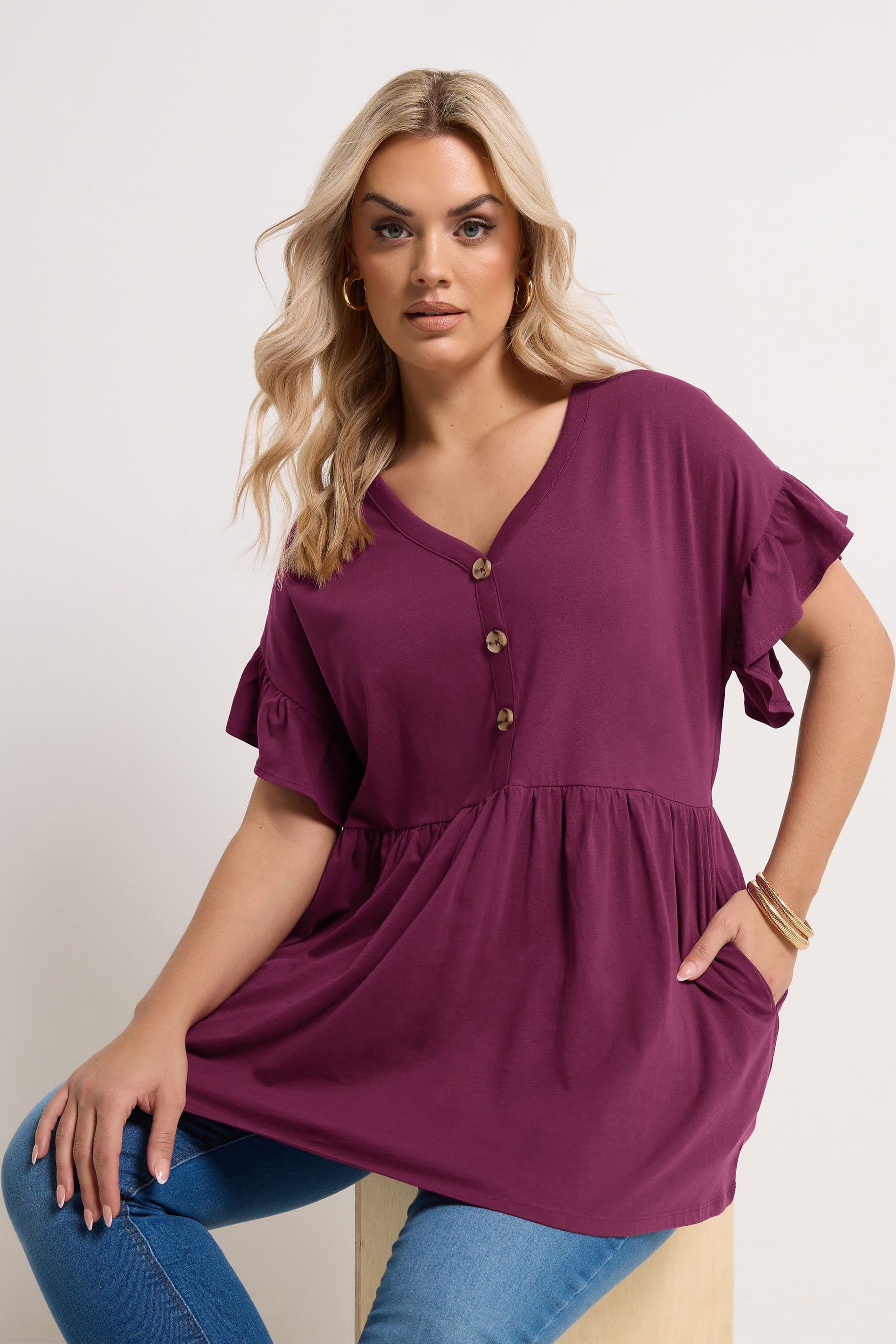 Yours Plus Size Purple Peplum Button Top