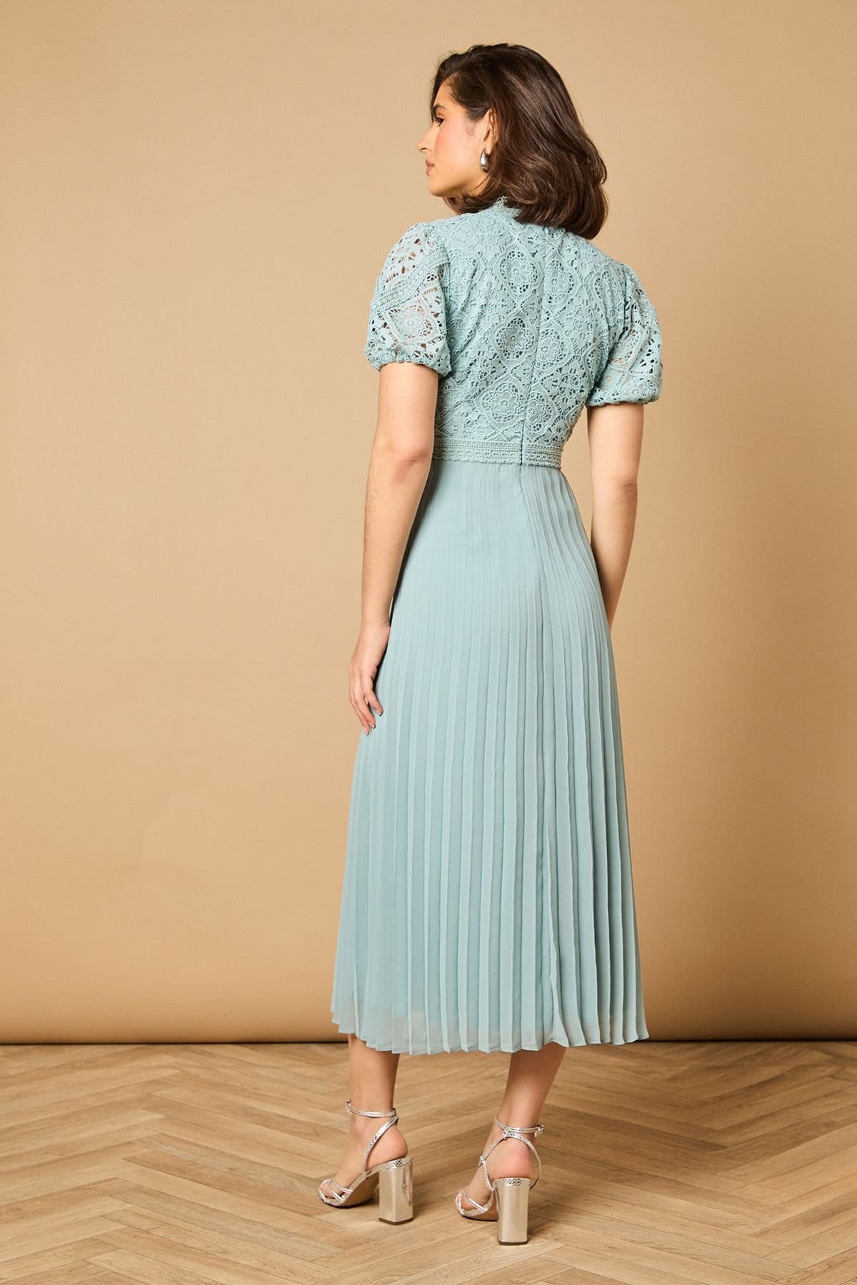 Oasis Oasis Women's Lace Puff Sleeve Pleated Midi Dress in Light Blue - 4