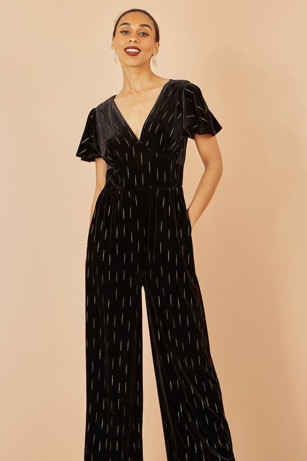 Yumi Yumi Women's Black Foil Print Velvet Jumpsuit