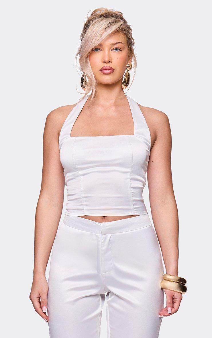 EGO Square Halterneck Top In White Satin, Women's Size UK 6 - 2