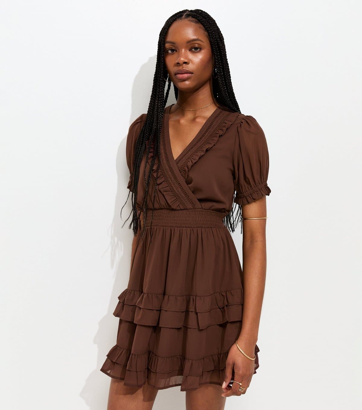 New Look Women's Brown Ruffle Trim V-Neck Short Sleeve Mini Dress New Look