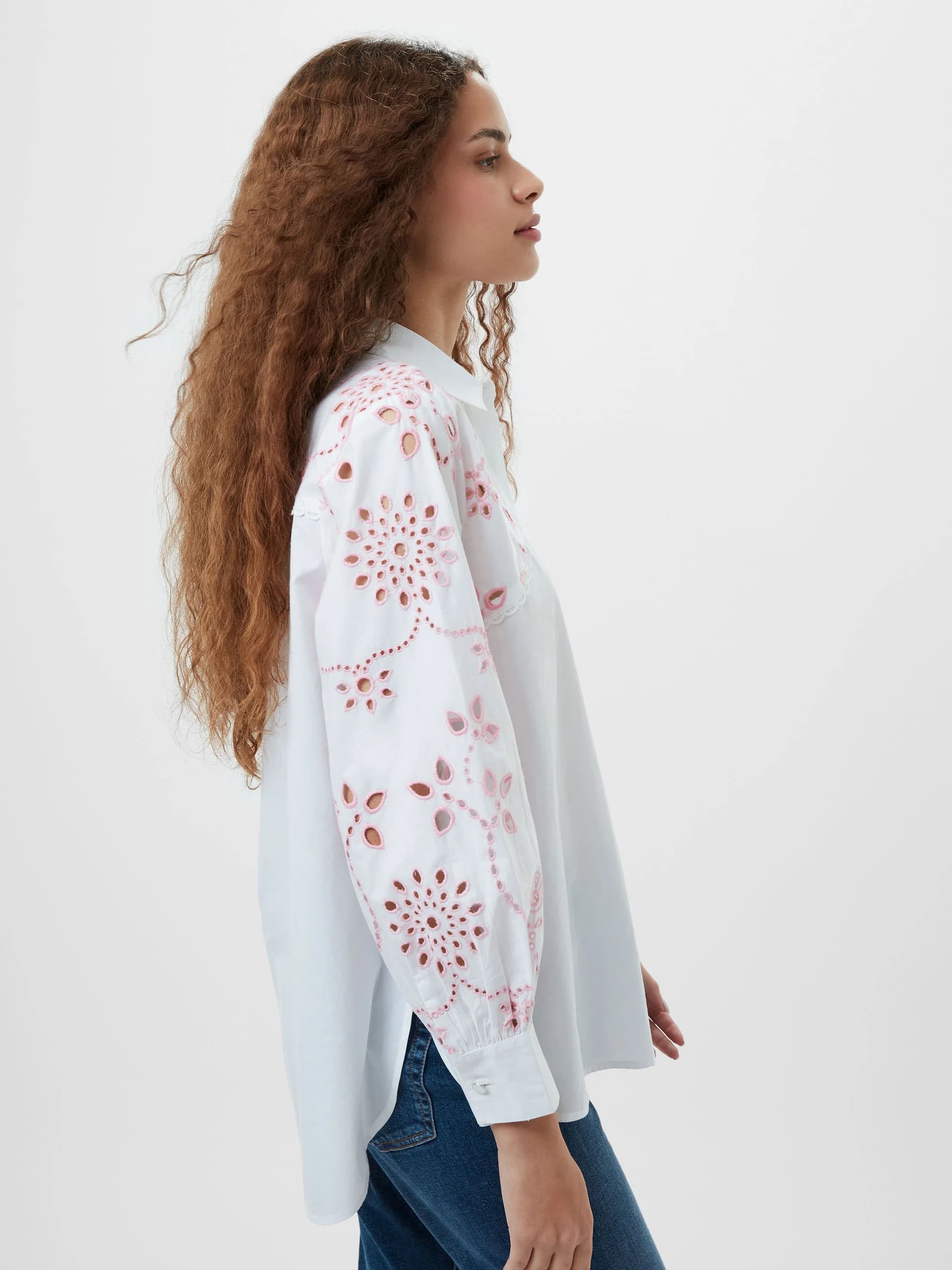 French Connection Cambria Cotton Embroidered Shirt Linen White/Bubblegum