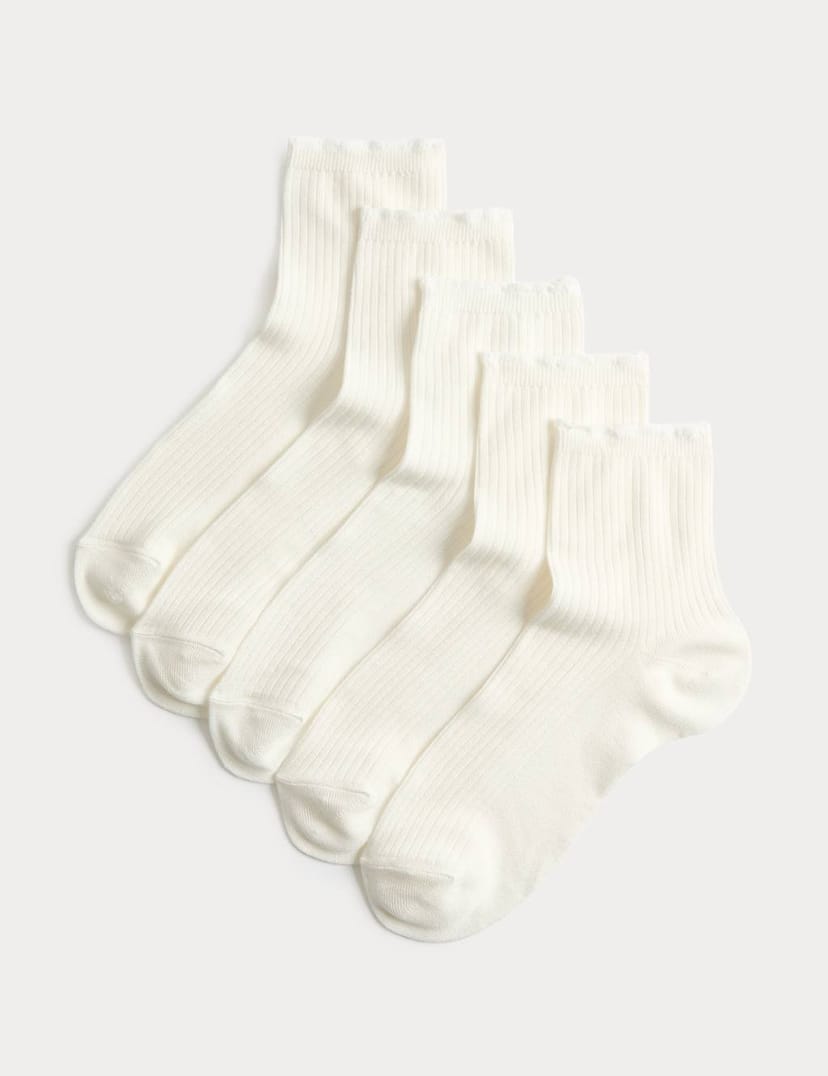 Marks & Spencer M&S 5 Pack Supersoft Ribbed Quarter Socks Ivory - 1