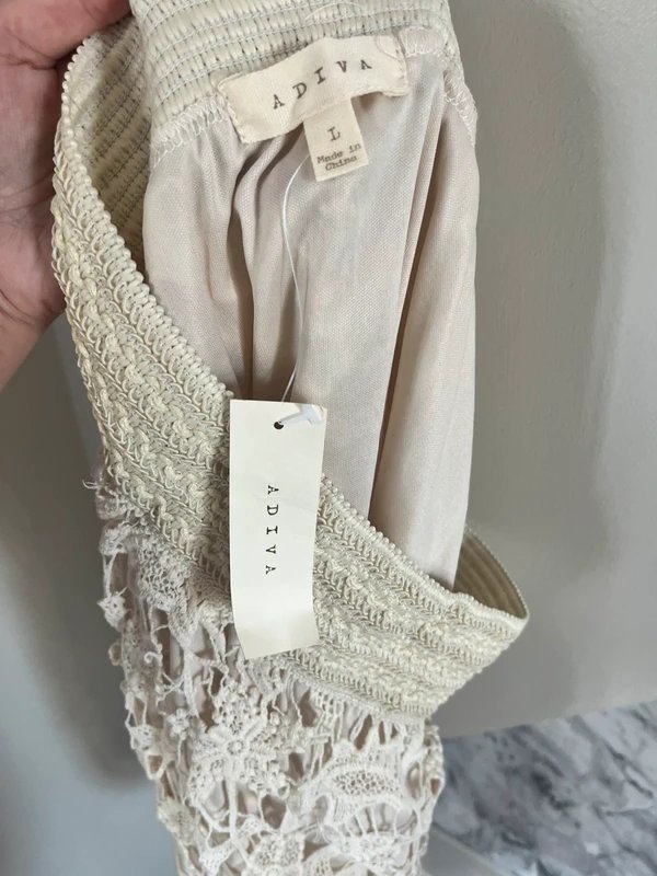 Adiva Adiva White Cream Beige Floral Crochet Stretch Midi Skirt Size Large New - 1