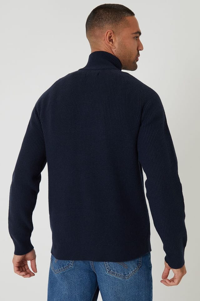 Threadbare Threadbare Men's Cotton Blend Rib Panel Quarter Zip Knitted Jumper in Navy - 2