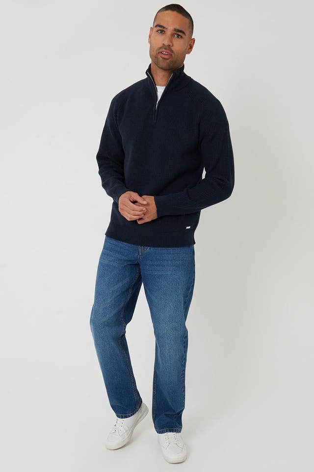 Threadbare Threadbare Men's Cotton Blend Rib Panel Quarter Zip Knitted Jumper in Navy - 3