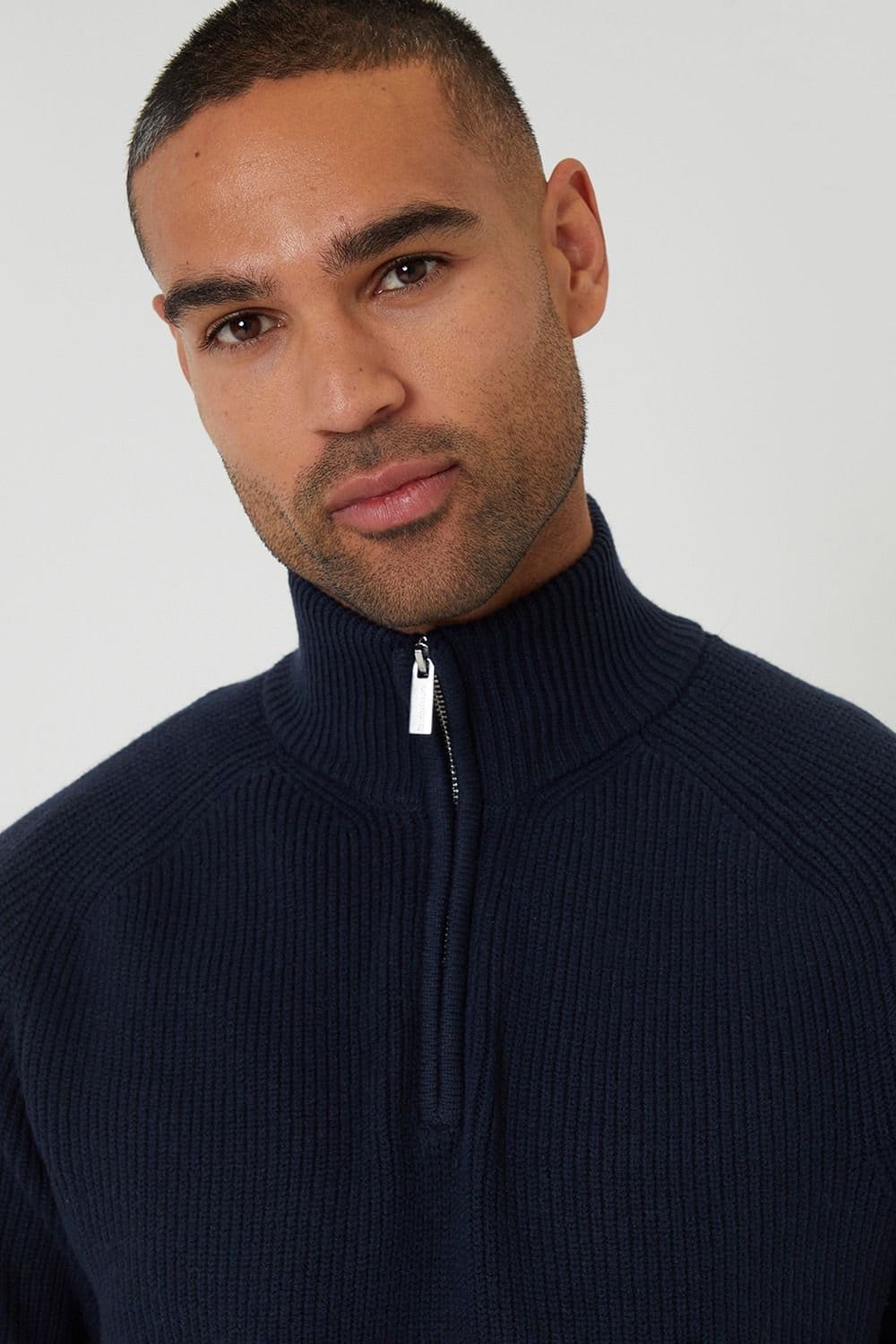 Threadbare Threadbare Men's Cotton Blend Rib Panel Quarter Zip Knitted Jumper in Navy - 4