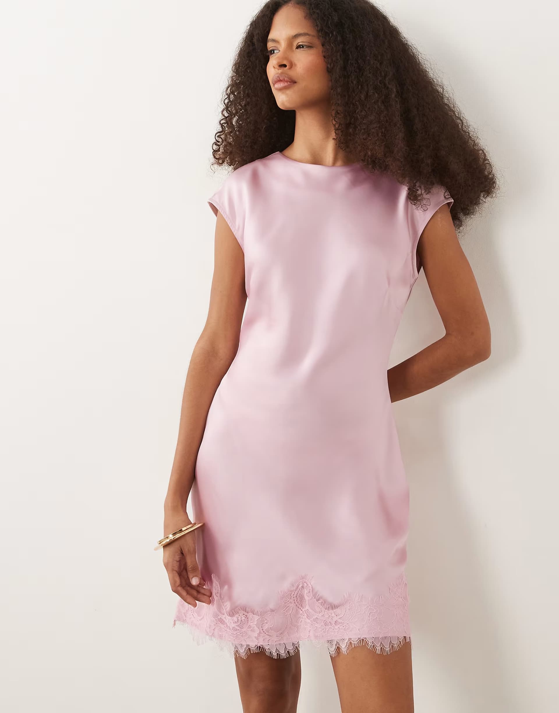 ASOS ASOS DESIGN slash neck satin mini dress with lace hem in pink
