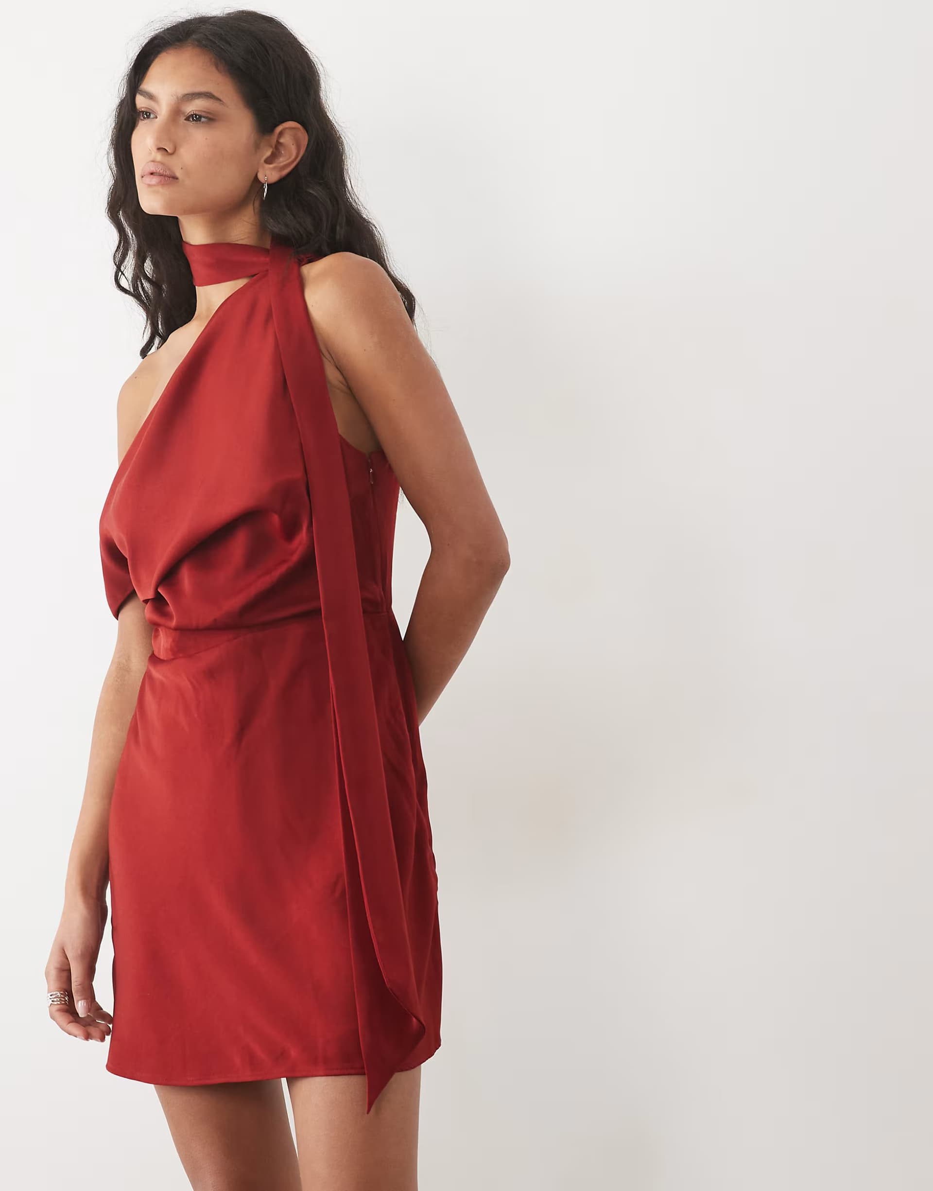 ASOS ASOS DESIGN satin fallen shoulder playsuit with tie neck in burgundy