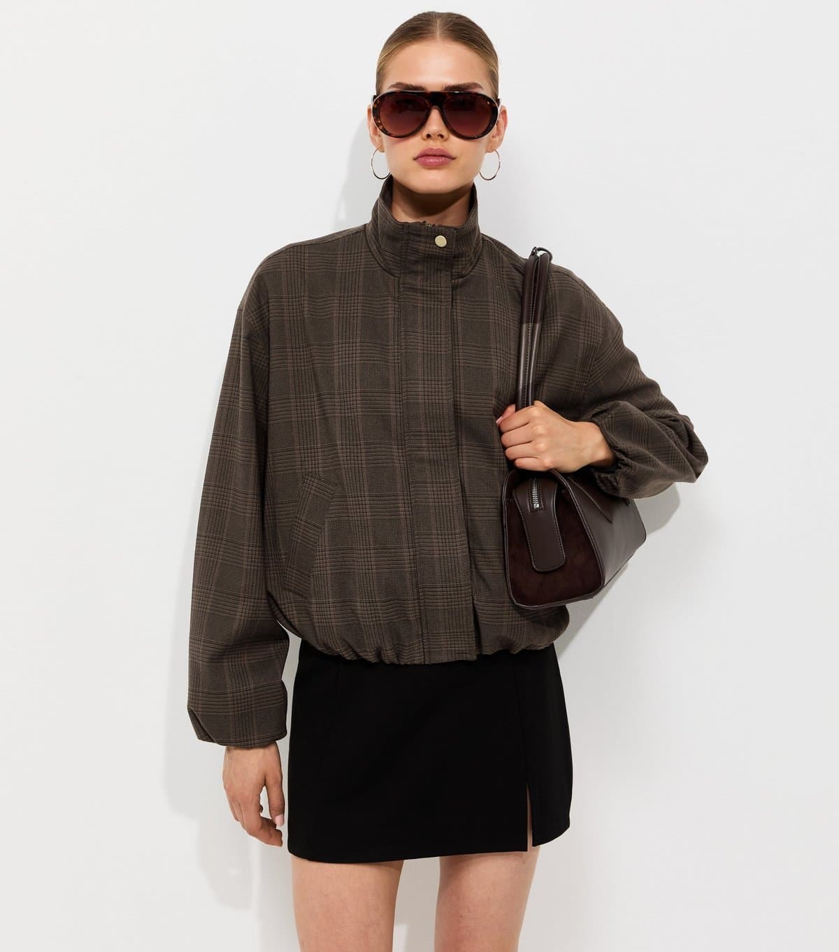 New Look Women's Brown Checked Bubble Hem Jacket New Look