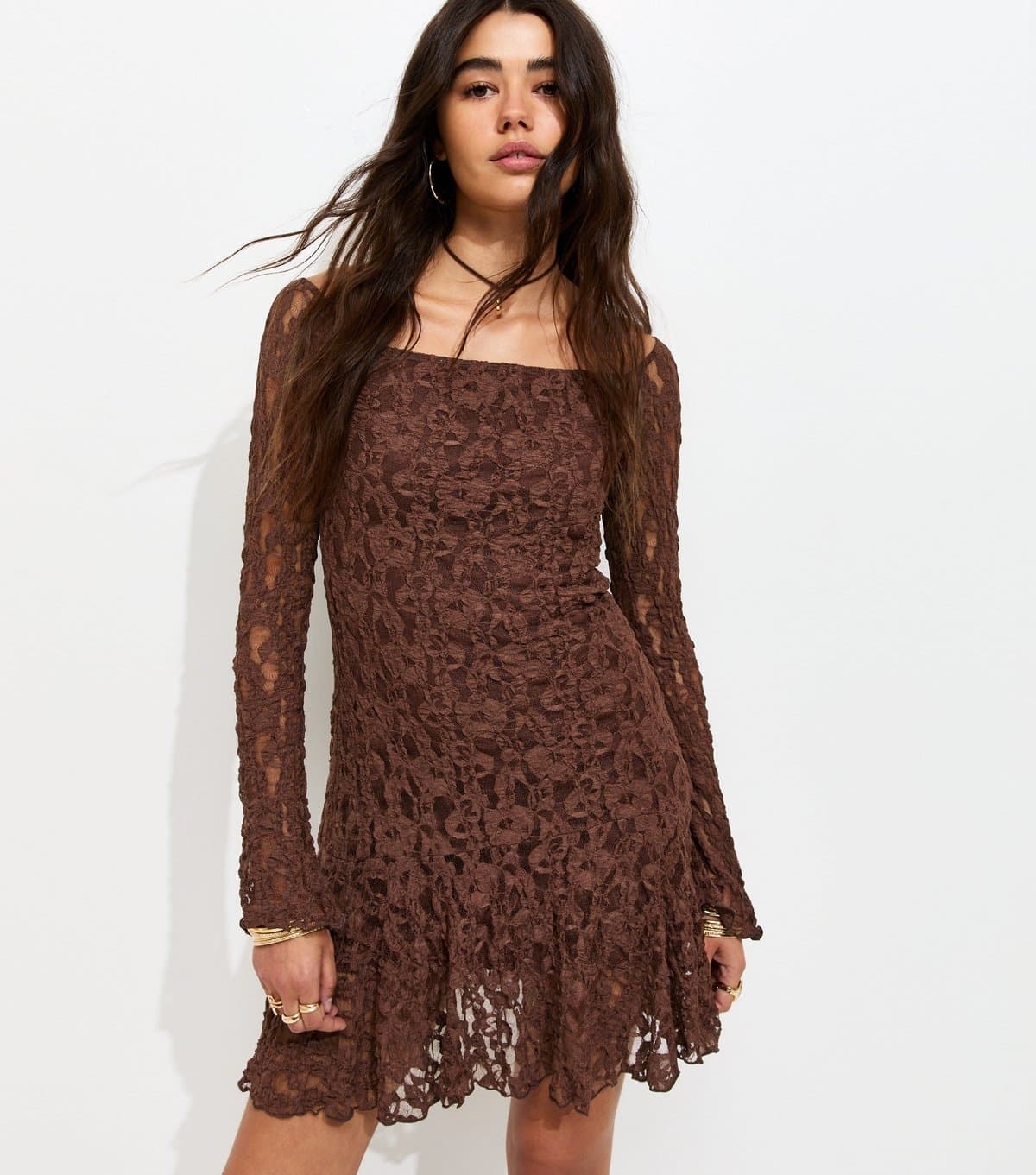 New Look Women's Dark Brown Asymmetric Dropped Waist Long Sleeve Lace Mini Dress New Look