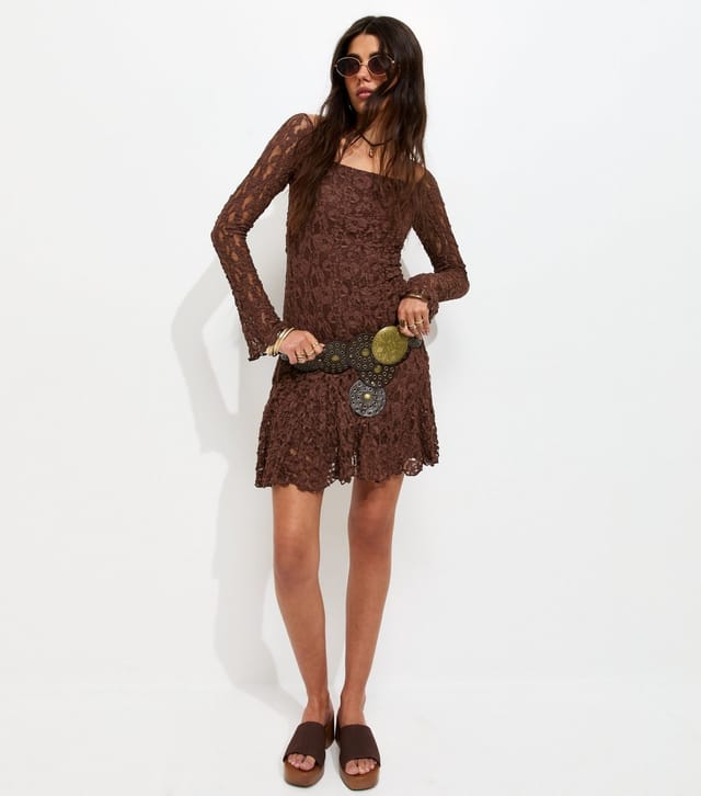 New Look Women's Dark Brown Asymmetric Dropped Waist Long Sleeve Lace Mini Dress New Look - 2