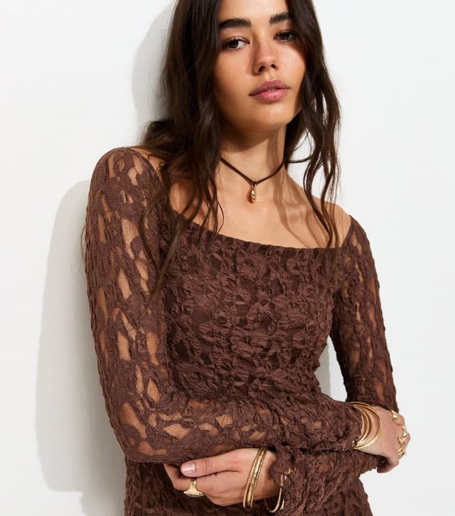 New Look Women's Dark Brown Asymmetric Dropped Waist Long Sleeve Lace Mini Dress New Look - 3