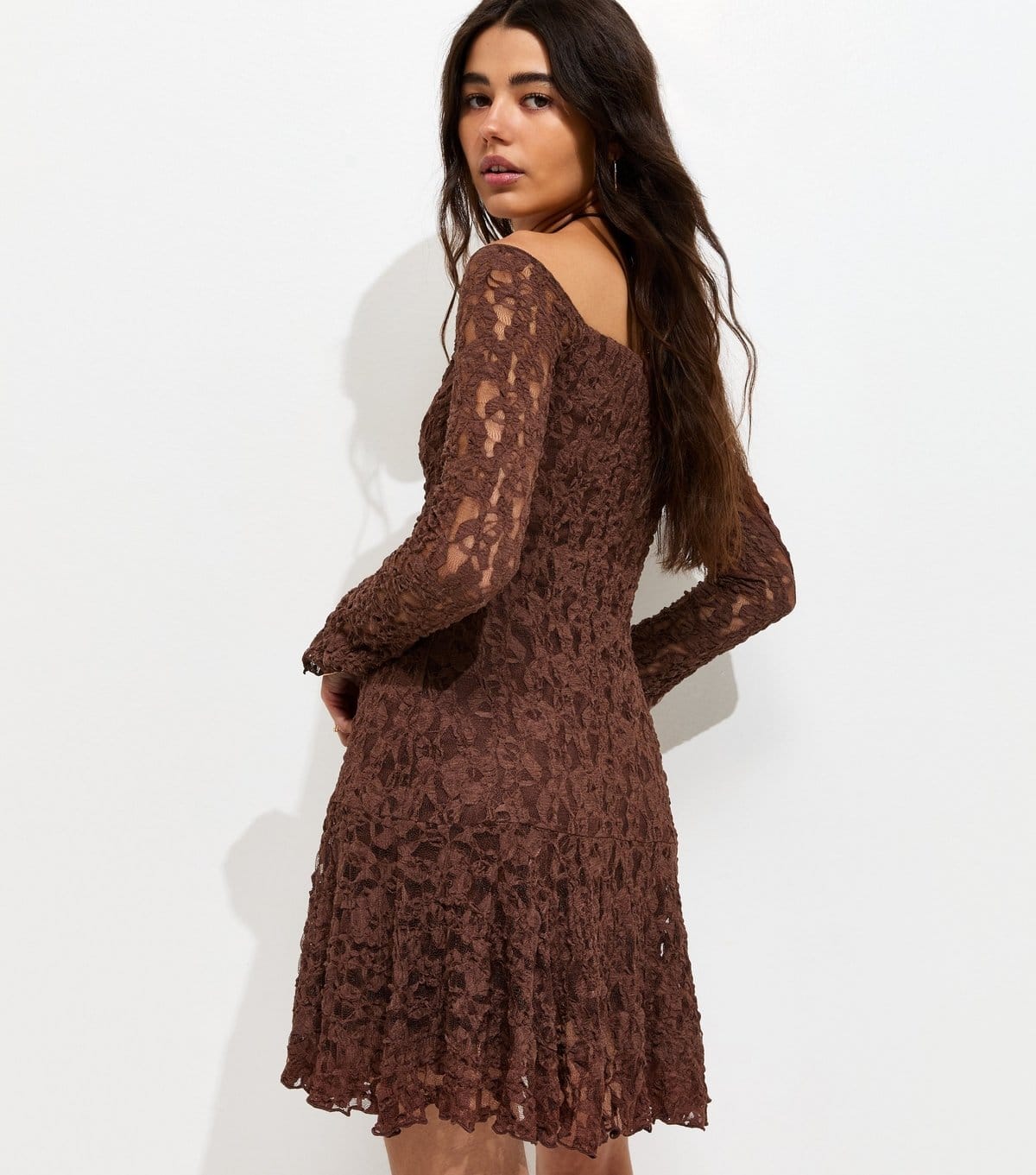New Look Women's Dark Brown Asymmetric Dropped Waist Long Sleeve Lace Mini Dress New Look - 4
