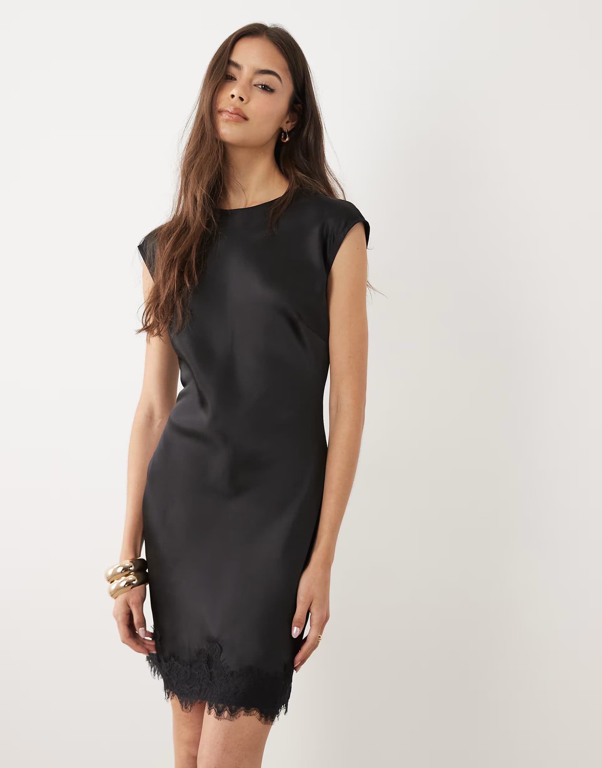 ASOS ASOS DESIGN Tall slash neck satin mini dress with lace hem in black