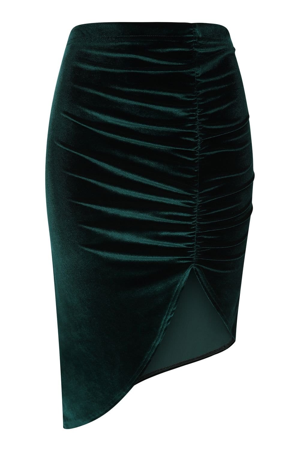 Hot Squash Hot Squash Women's Asymmetric Velvet Ruched Skirt in Bottle Green - 4
