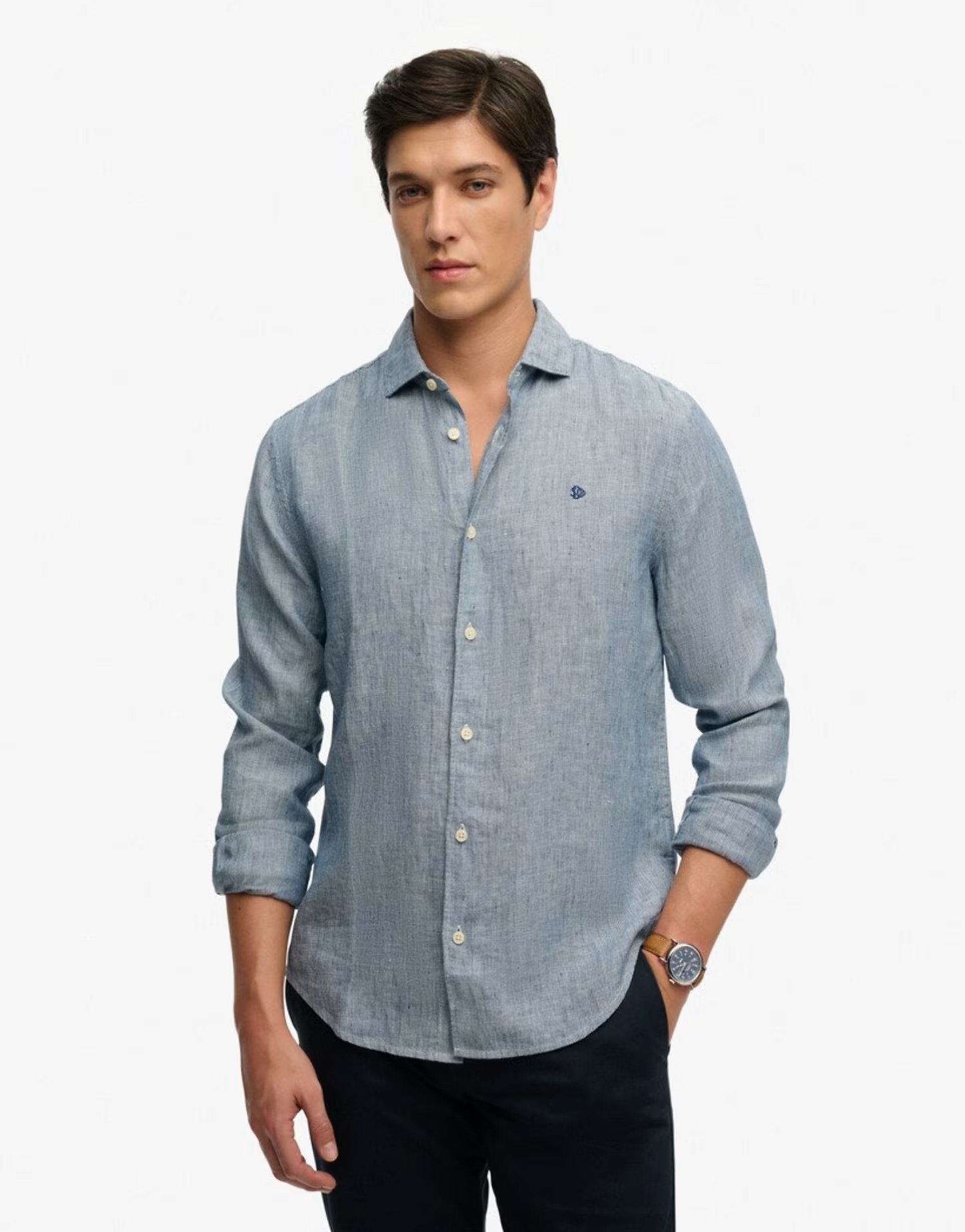 ASOS Superdry Riviera long sleeve linen shirt in indigo needle stripe - 1
