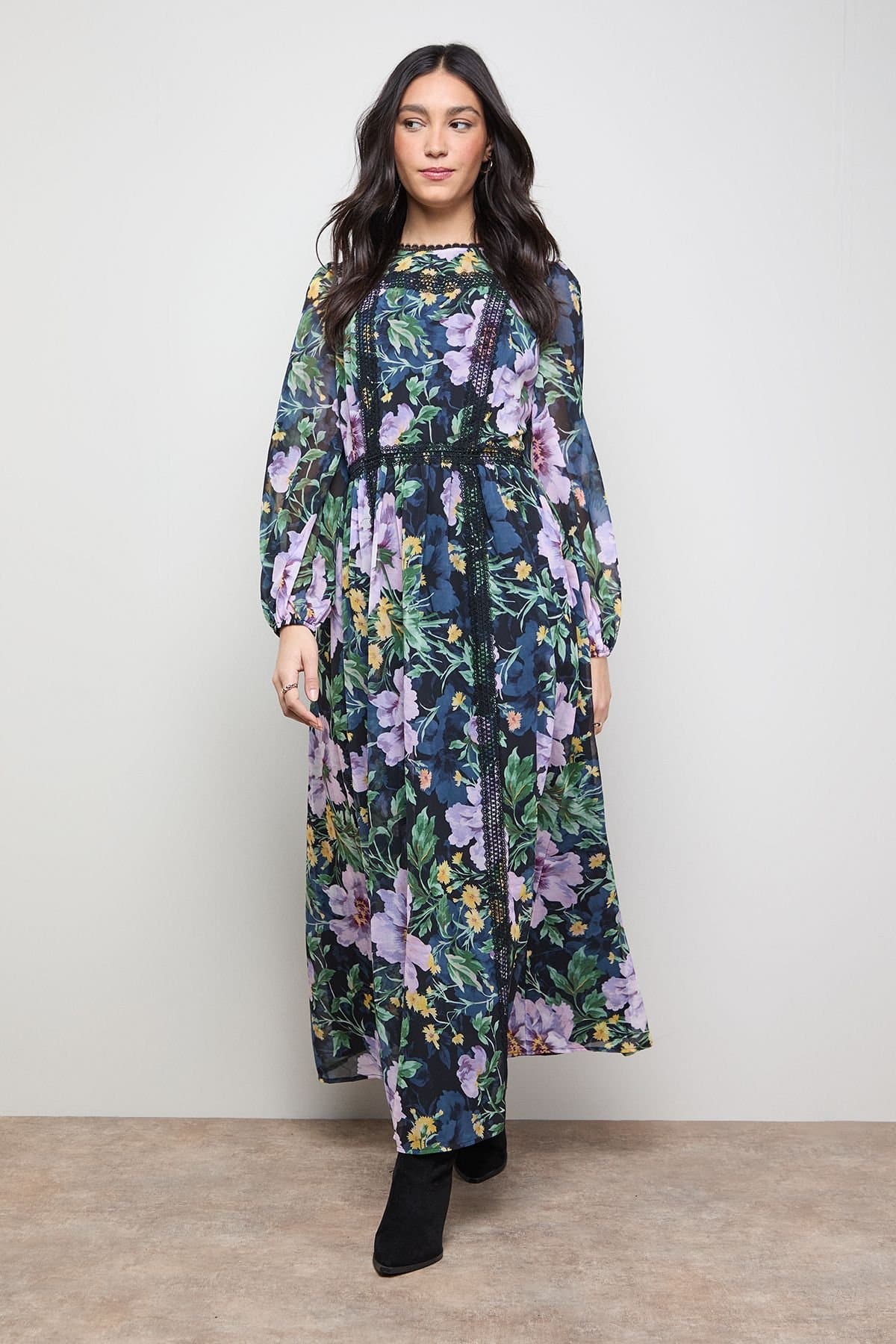 Oasis Oasis Women's Printed Lace Trim Balloon Sleeve Midi Smock Dress in Floral