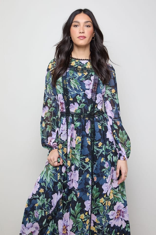 Oasis Oasis Women's Printed Lace Trim Balloon Sleeve Midi Smock Dress in Floral - 2