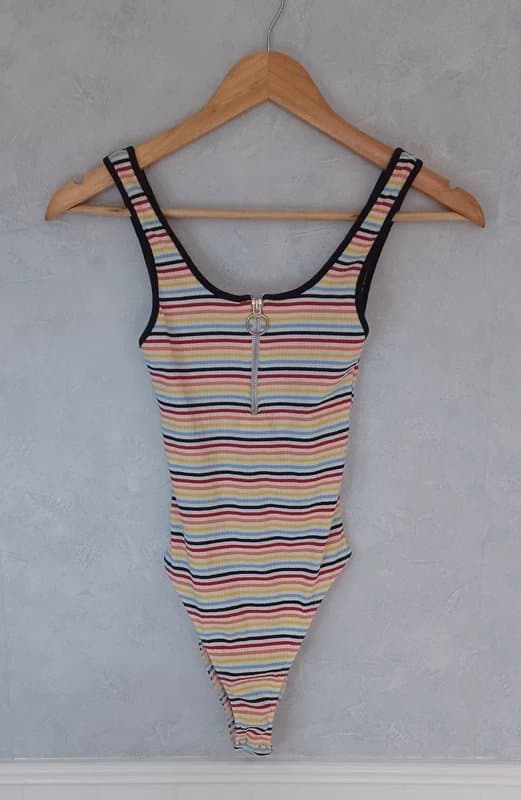 Bershka Bershka Striped Zip Front Bodysuit Size S Ribbed Multicolour Y2K Festival Top