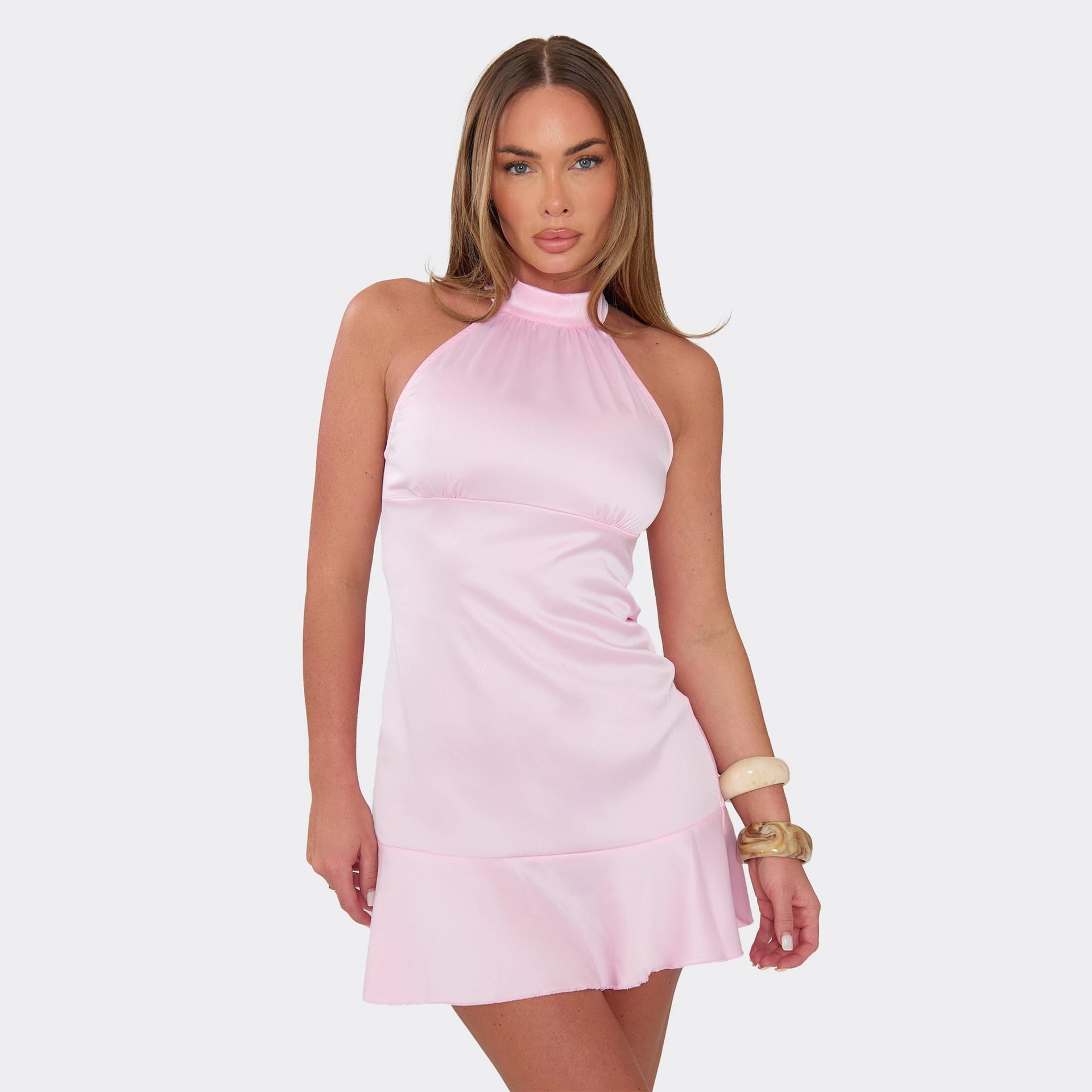EGO Pink Satin Sleeveless Dress with Frill Hem