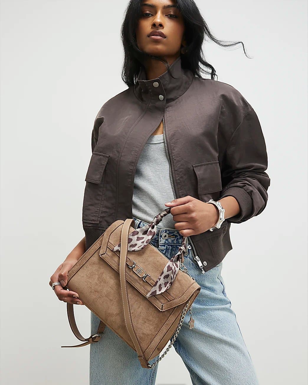 River Island River Island Womens Beige Faux Suede Crossbody Tote Bag