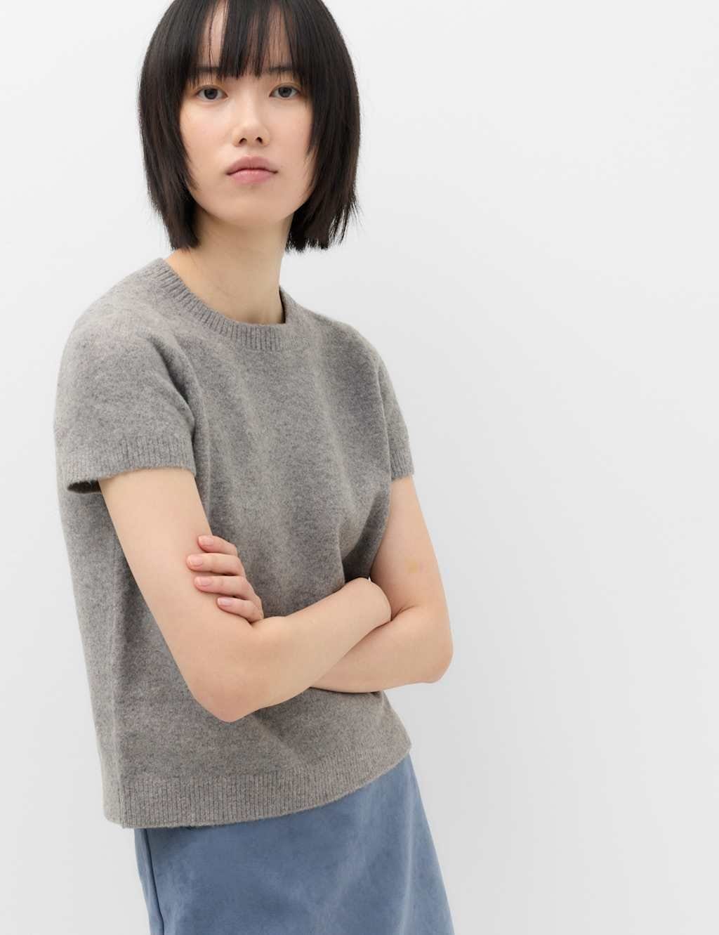 Marks & Spencer M&S Crew Neck Short Knitted Top With Wool Mid Grey Marl - 1