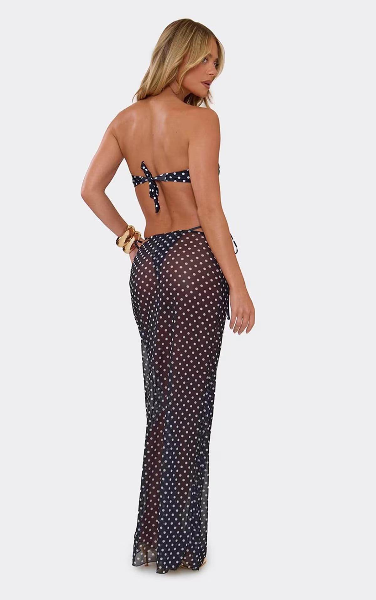 EGO Black Polka Dot Mesh Bikini Set And Matching Maxi Skirt,