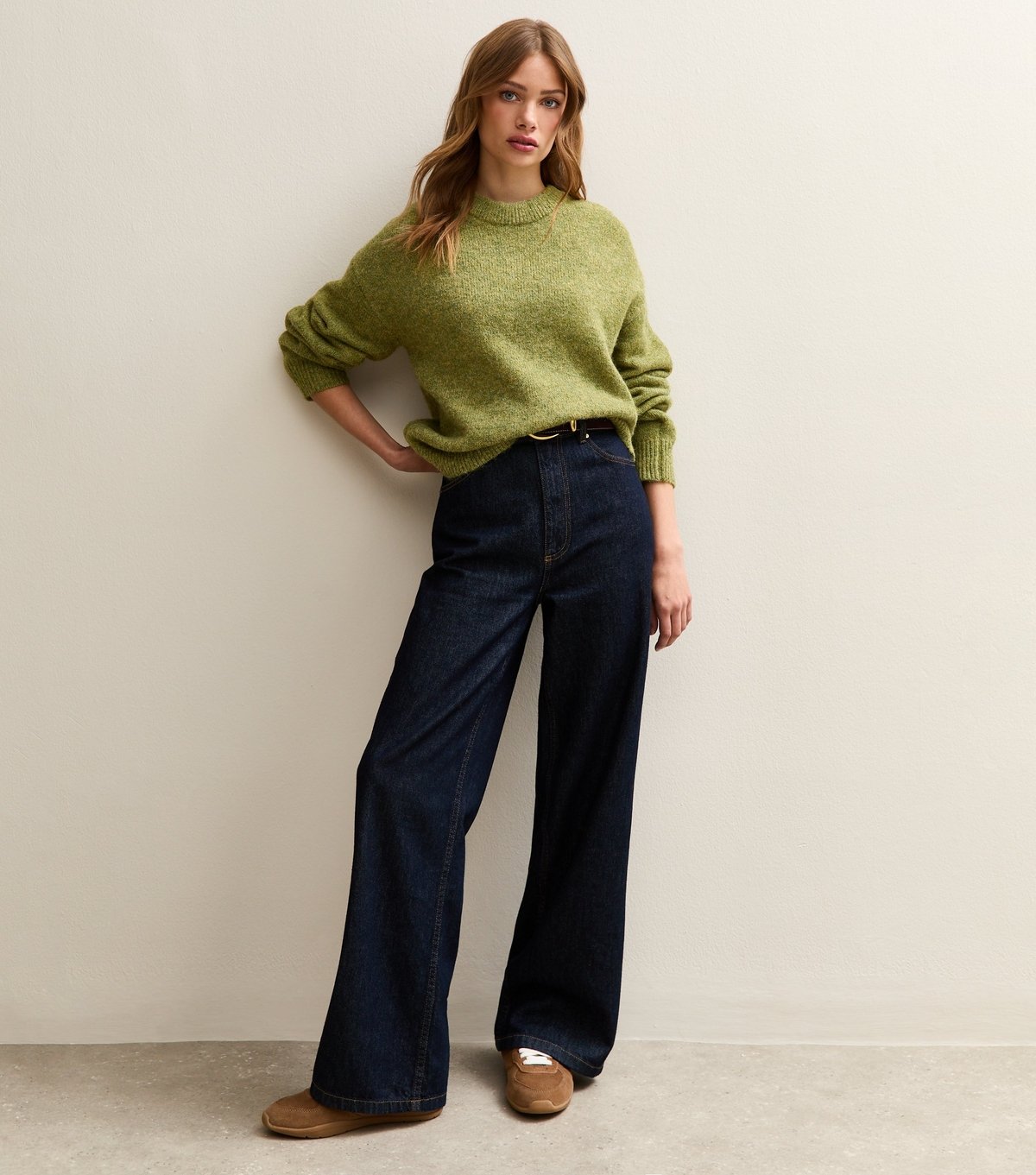 New Look Women's Mid Green Crew Neck Oversized Textured Knit Jumper New Look - 3