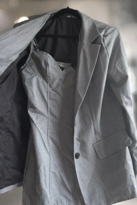 Shein Grey Blazer & Lace Trim Mini Dress Co-Ord Set - 1