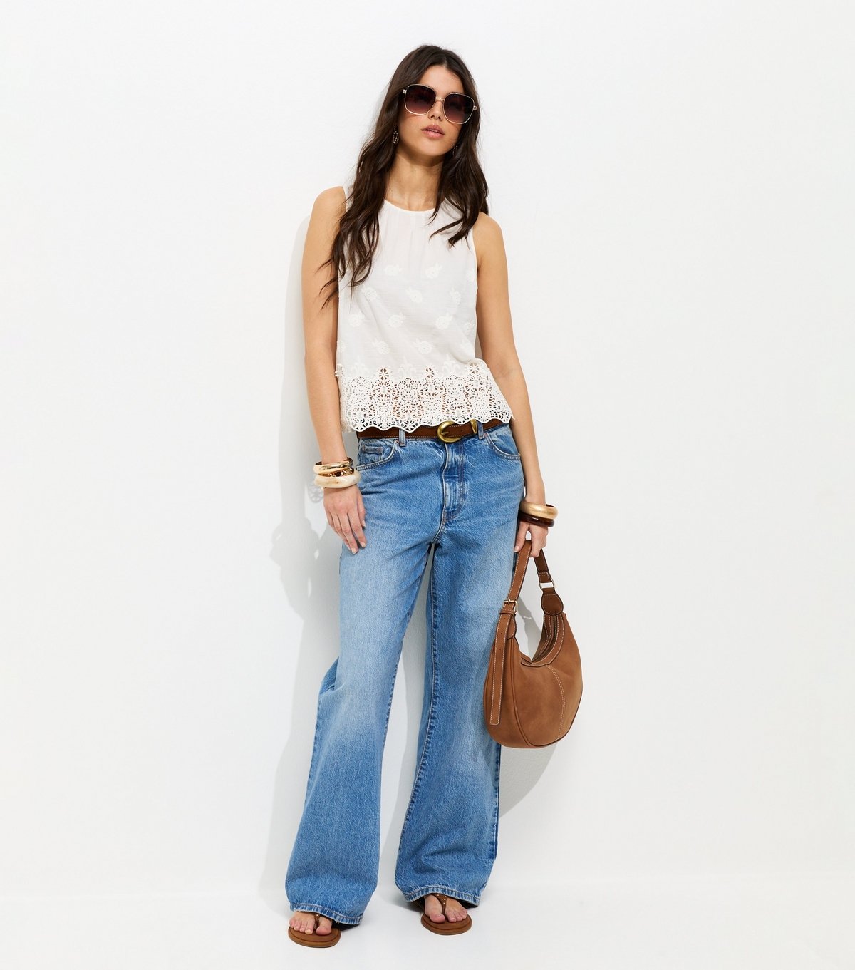 New Look Women's Off White Cotton Embroidered Sleeveless Top New Look - 3