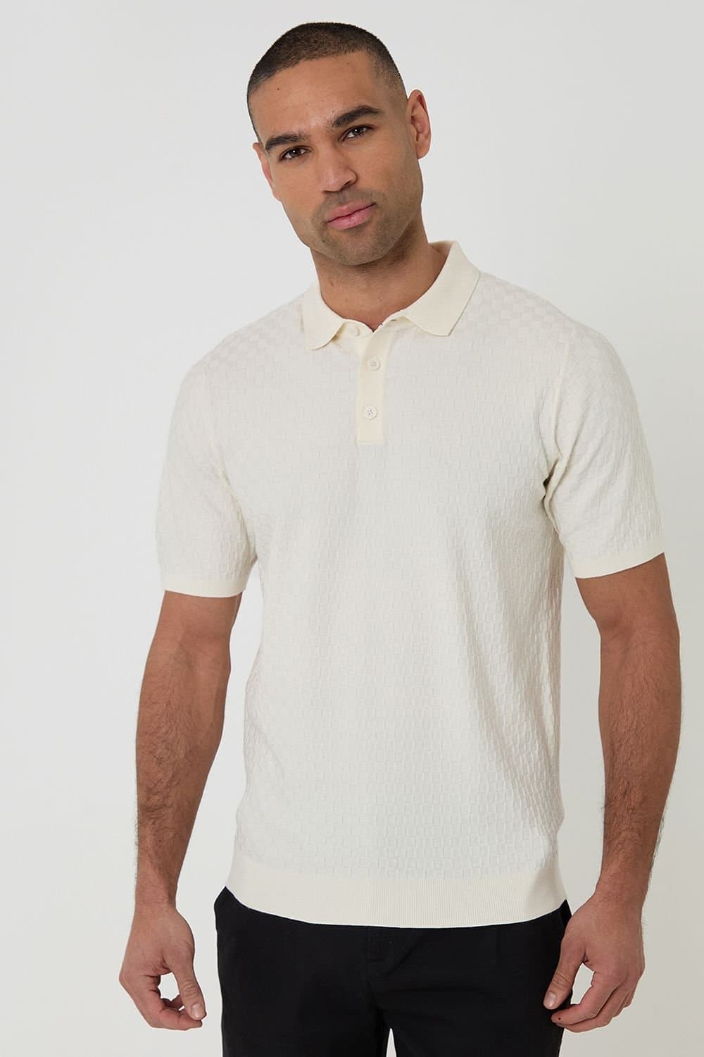 Threadbare Threadbare Men's Basket Stitch Short Sleeve Knitted Polo in Natural