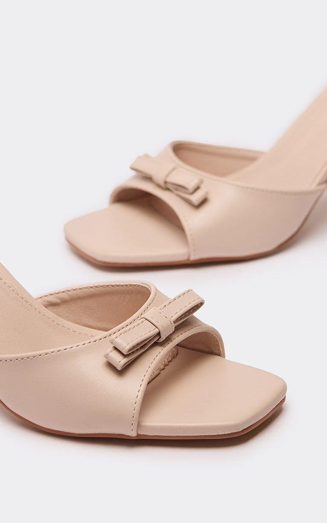 EGO Wrap Bow Detail Peep Toe Heeled Mule In Beige Faux Leather, Women's Size UK 3 - 2