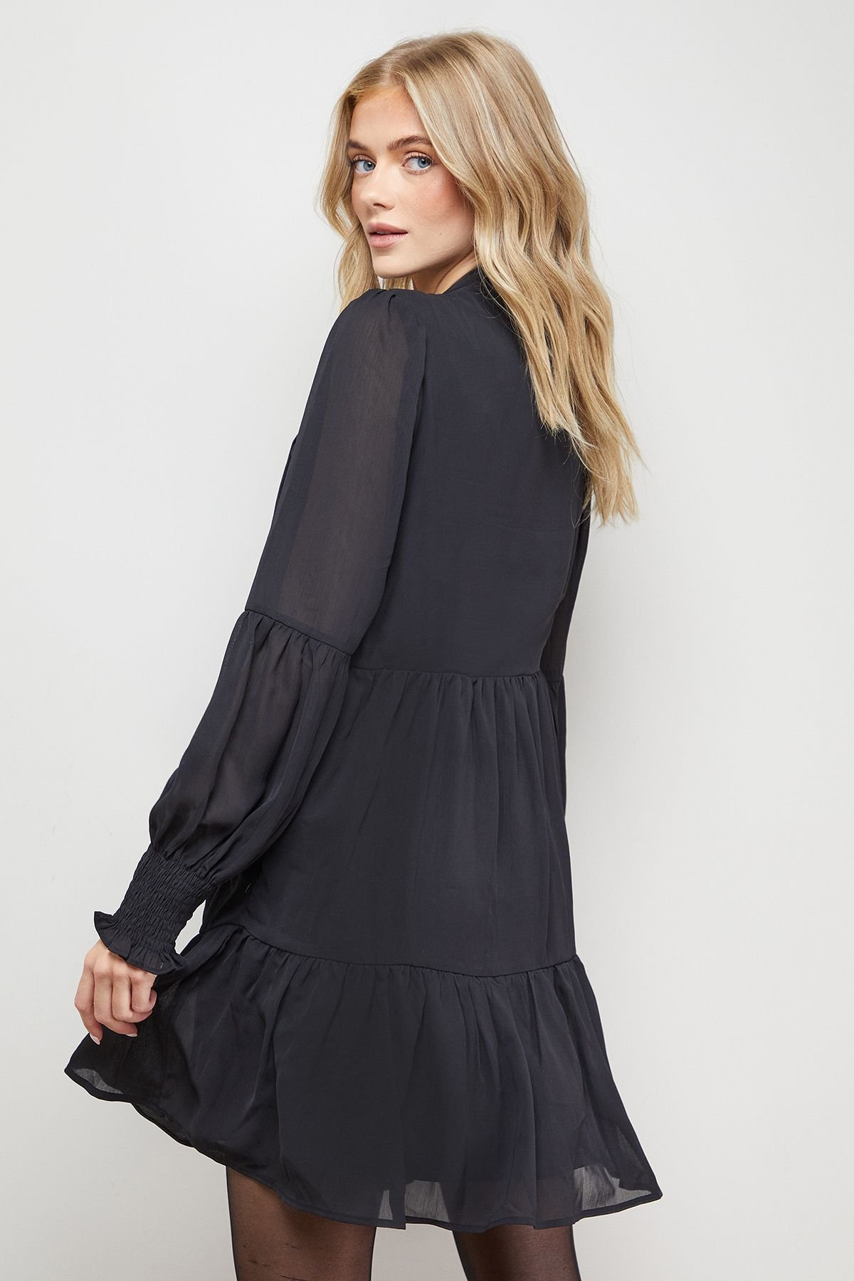 Oasis Oasis Women's Ruched Bow Tie Mini Dress With Stud Trim in Black - 3