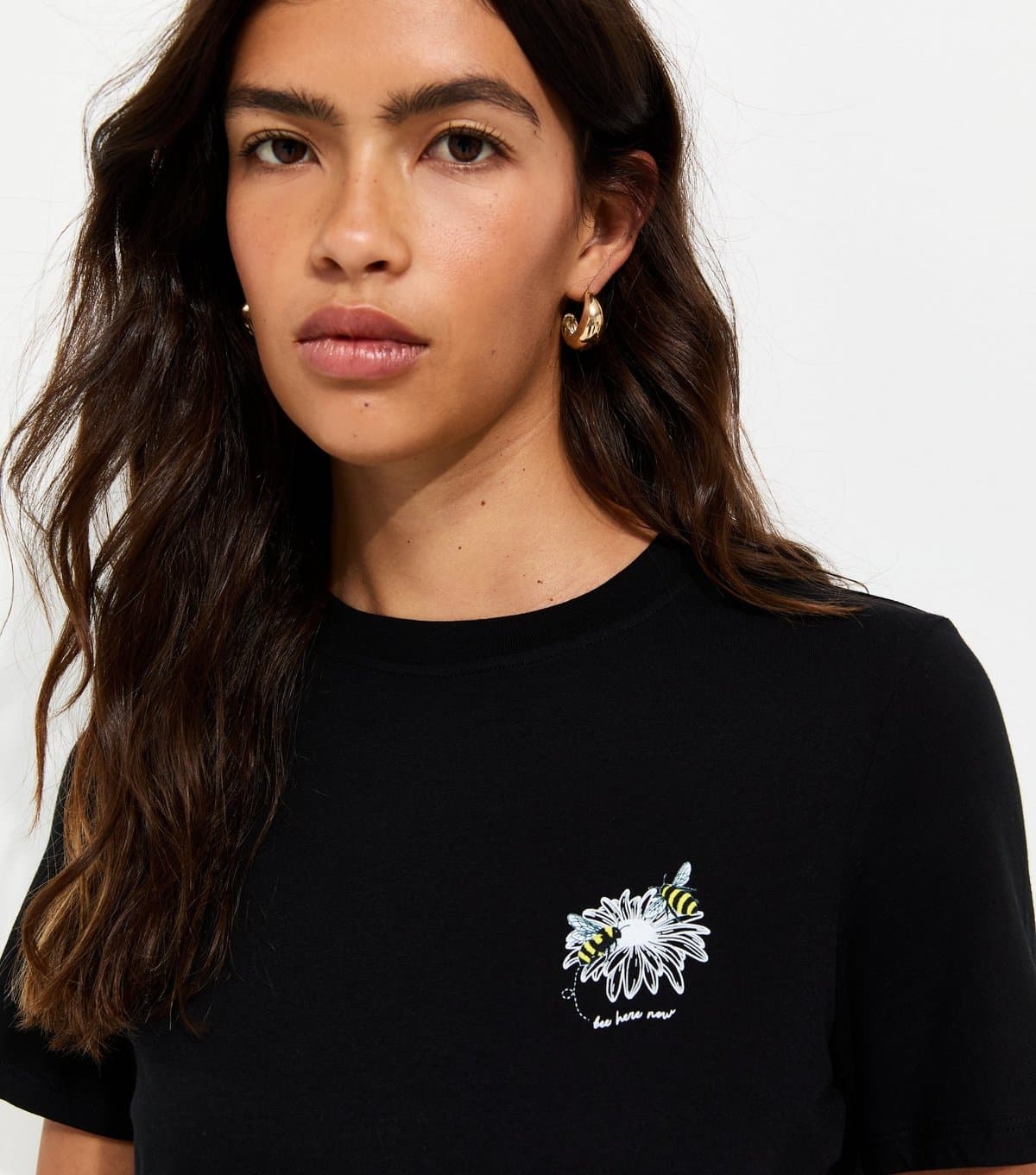 New Look Women's Black Cotton Daisy Print Crew Neck T-Shirt New Look